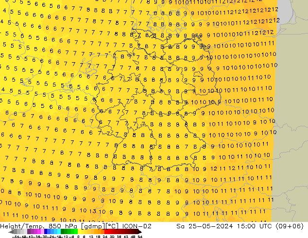 Geop./Temp. 850 hPa ICON-D2 sáb 25.05.2024 15 UTC