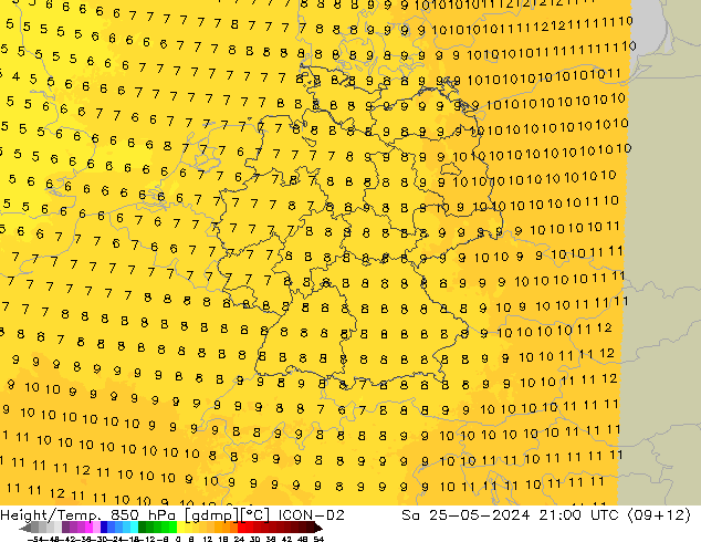 Géop./Temp. 850 hPa ICON-D2 sam 25.05.2024 21 UTC