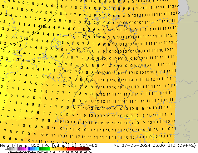 Géop./Temp. 850 hPa ICON-D2 lun 27.05.2024 03 UTC