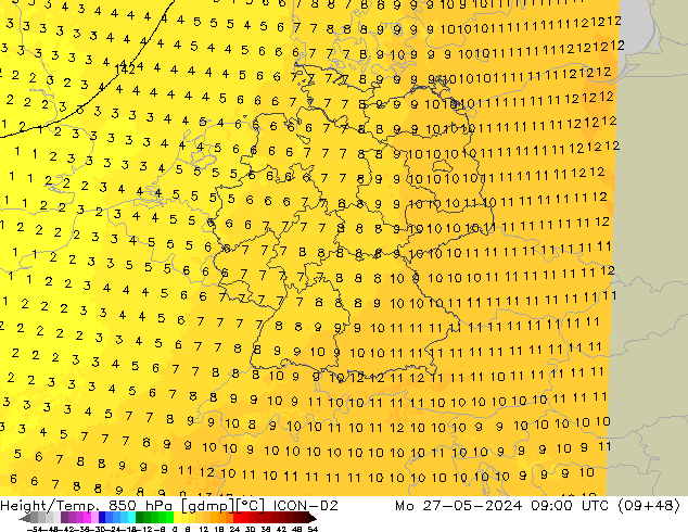 Height/Temp. 850 hPa ICON-D2 Mo 27.05.2024 09 UTC