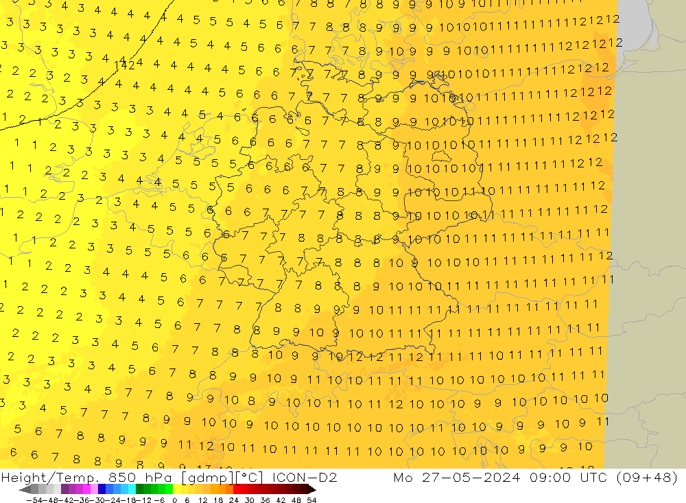 Height/Temp. 850 hPa ICON-D2 Seg 27.05.2024 09 UTC