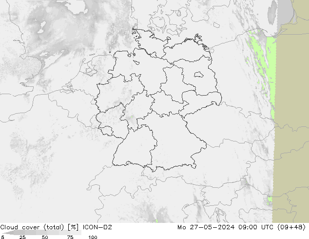 Cloud cover (total) ICON-D2 Po 27.05.2024 09 UTC