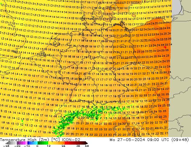 temperatura máx. (2m) ICON-D2 Seg 27.05.2024 09 UTC