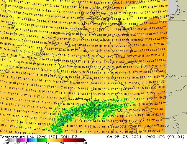 température 2m min ICON-D2 sam 25.05.2024 10 UTC