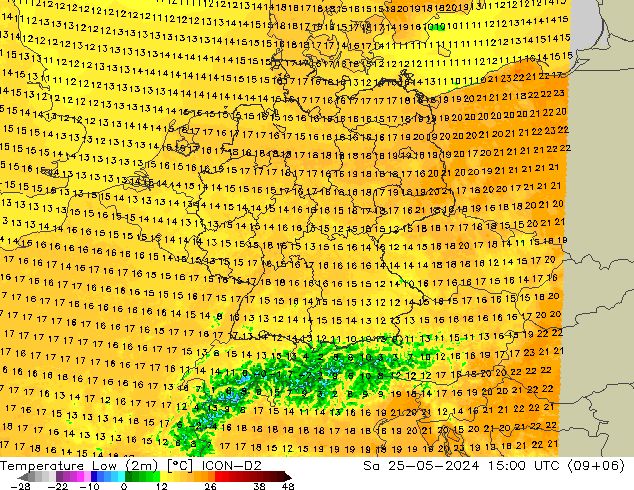 Temperature Low (2m) ICON-D2 星期六 25.05.2024 15 UTC