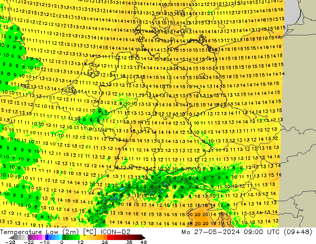 Temperature Low (2m) ICON-D2 Mo 27.05.2024 09 UTC