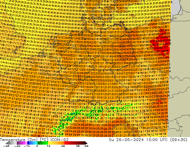 Temperature (2m) ICON-D2 Su 26.05.2024 15 UTC