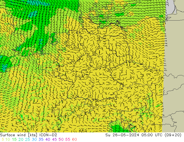 Rüzgar 10 m ICON-D2 Paz 26.05.2024 05 UTC