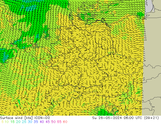 Viento 10 m ICON-D2 dom 26.05.2024 06 UTC