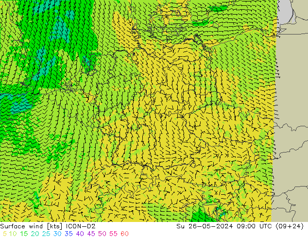 Surface wind ICON-D2 Su 26.05.2024 09 UTC