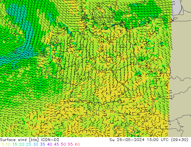 Wind 10 m ICON-D2 zo 26.05.2024 15 UTC