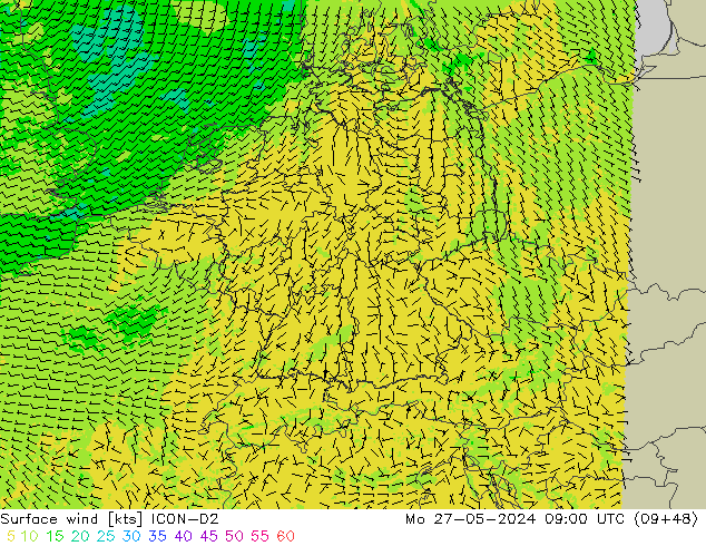 Surface wind ICON-D2 Mo 27.05.2024 09 UTC