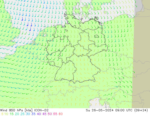 ветер 850 гПа ICON-D2 Вс 26.05.2024 09 UTC