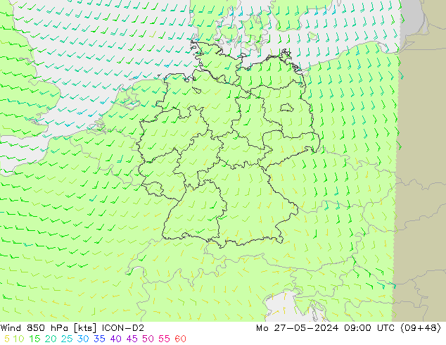 Viento 850 hPa ICON-D2 lun 27.05.2024 09 UTC