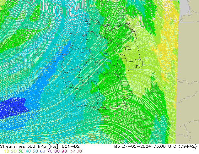 Linea di flusso 300 hPa ICON-D2 lun 27.05.2024 03 UTC