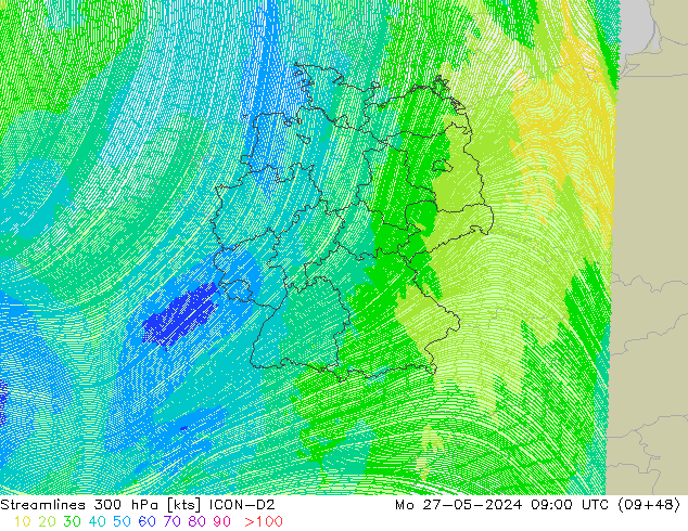 Stromlinien 300 hPa ICON-D2 Mo 27.05.2024 09 UTC