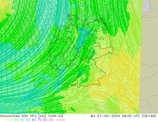 Linha de corrente 500 hPa ICON-D2 Seg 27.05.2024 09 UTC