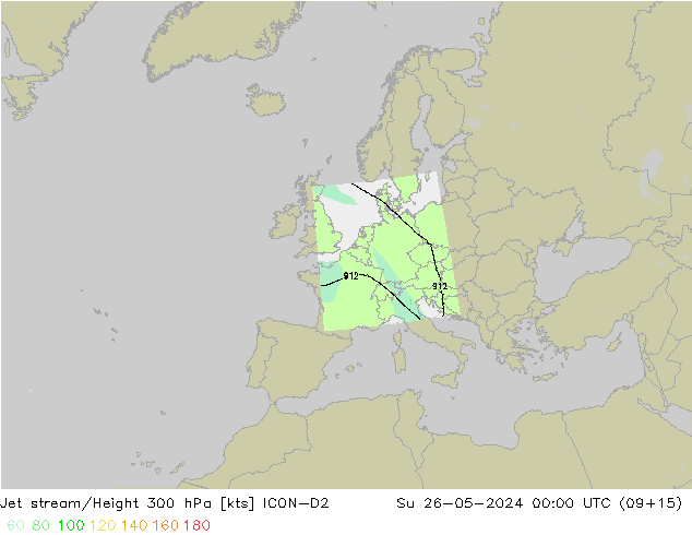 Corriente en chorro ICON-D2 dom 26.05.2024 00 UTC