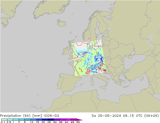 Precipitación (6h) ICON-D2 sáb 25.05.2024 15 UTC