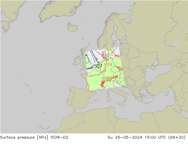 Pressione al suolo ICON-D2 dom 26.05.2024 15 UTC