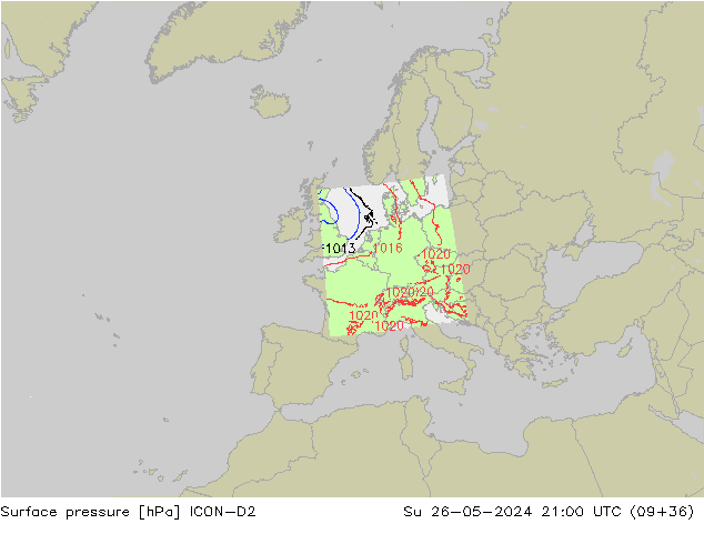 Surface pressure ICON-D2 Su 26.05.2024 21 UTC