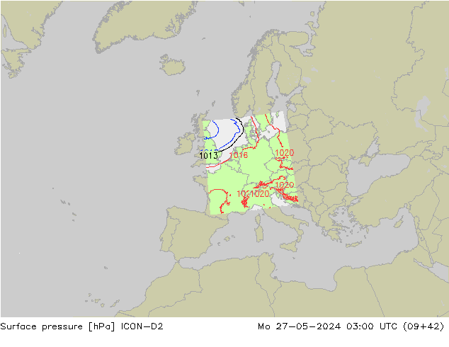 Presión superficial ICON-D2 lun 27.05.2024 03 UTC