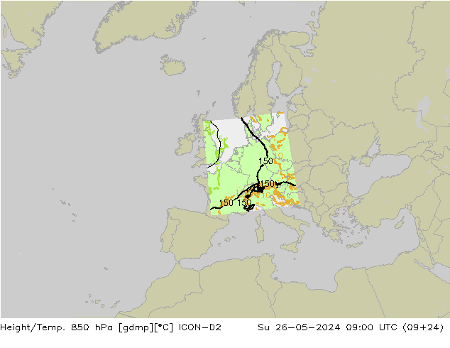 Hoogte/Temp. 850 hPa ICON-D2 zo 26.05.2024 09 UTC