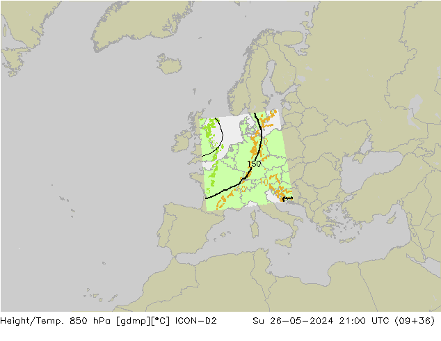 Hoogte/Temp. 850 hPa ICON-D2 zo 26.05.2024 21 UTC