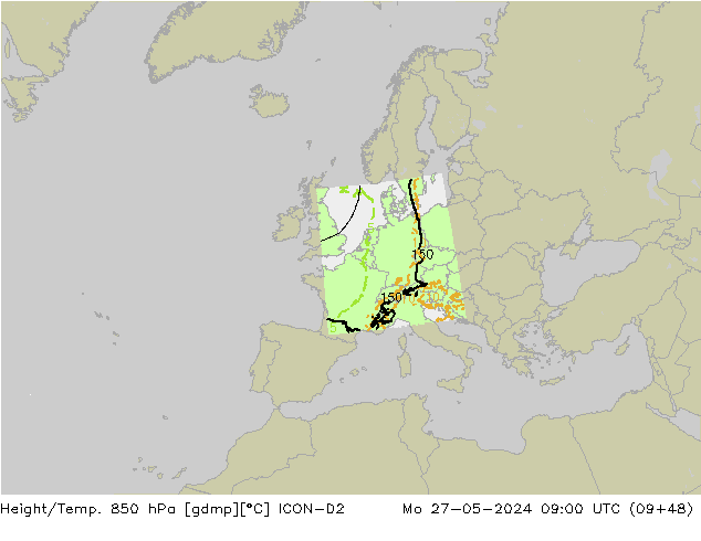 Hoogte/Temp. 850 hPa ICON-D2 ma 27.05.2024 09 UTC