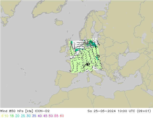 风 850 hPa ICON-D2 星期六 25.05.2024 10 UTC