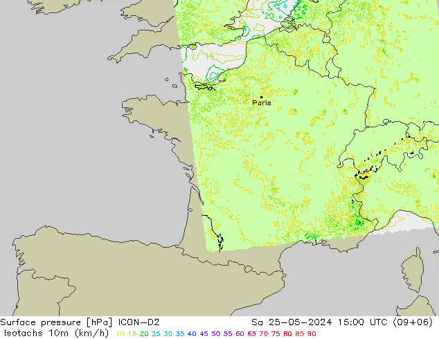 Isotachen (km/h) ICON-D2 Sa 25.05.2024 15 UTC