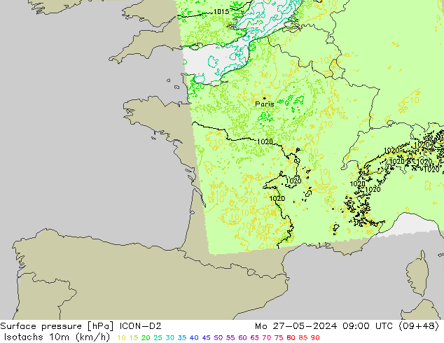 Isotachs (kph) ICON-D2 Seg 27.05.2024 09 UTC