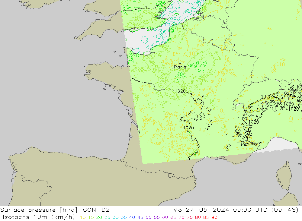 Isotaca (kph) ICON-D2 lun 27.05.2024 09 UTC