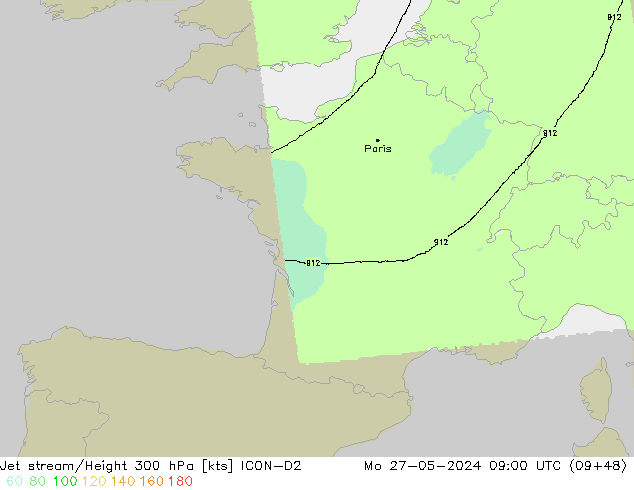 Jet stream/Height 300 hPa ICON-D2 Mo 27.05.2024 09 UTC