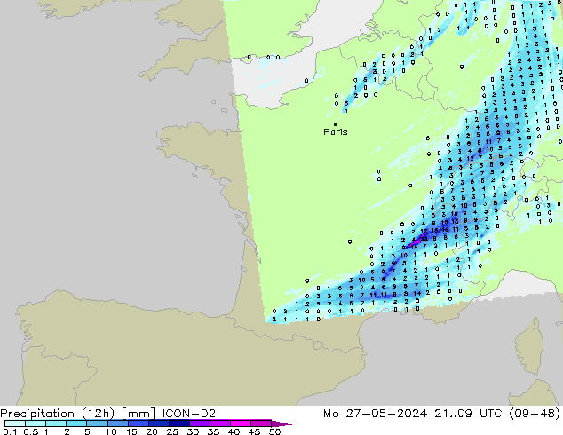 Precipitazione (12h) ICON-D2 lun 27.05.2024 09 UTC