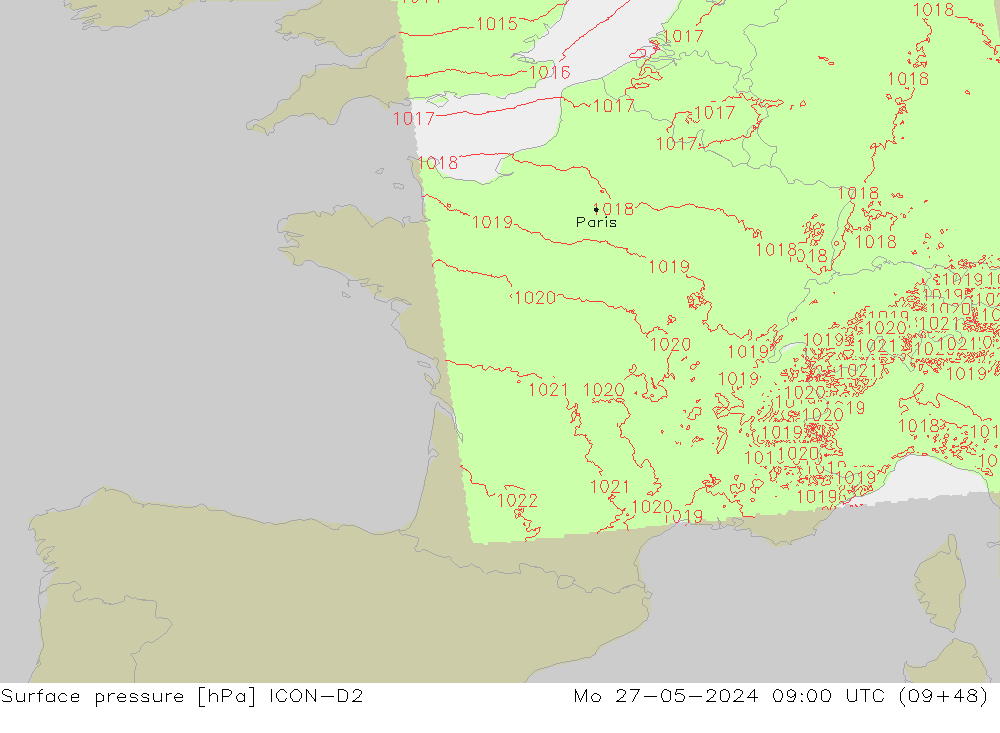 pressão do solo ICON-D2 Seg 27.05.2024 09 UTC