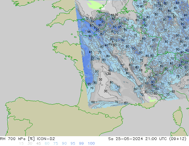 RH 700 hPa ICON-D2 Sa 25.05.2024 21 UTC