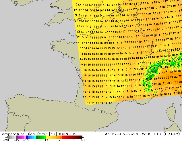 temperatura máx. (2m) ICON-D2 Seg 27.05.2024 09 UTC