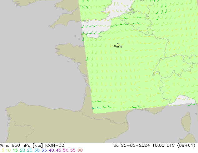 Viento 850 hPa ICON-D2 sáb 25.05.2024 10 UTC