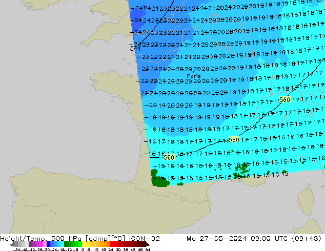 Geop./Temp. 500 hPa ICON-D2 lun 27.05.2024 09 UTC