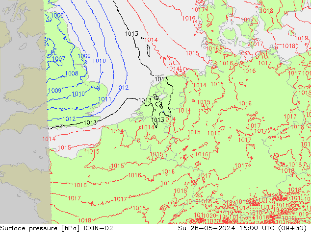 Luchtdruk (Grond) ICON-D2 zo 26.05.2024 15 UTC