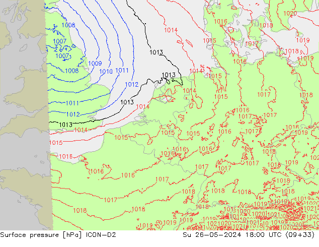 Surface pressure ICON-D2 Su 26.05.2024 18 UTC