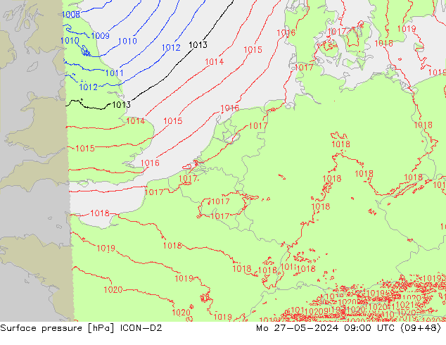 Presión superficial ICON-D2 lun 27.05.2024 09 UTC