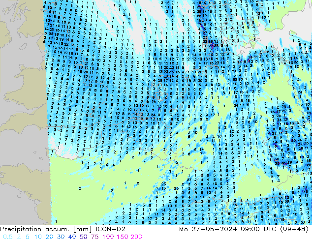 Precipitation accum. ICON-D2 pon. 27.05.2024 09 UTC