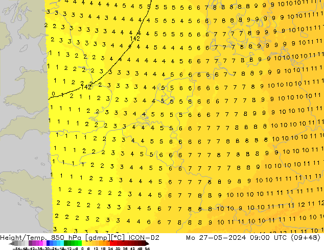 Height/Temp. 850 hPa ICON-D2 Mo 27.05.2024 09 UTC