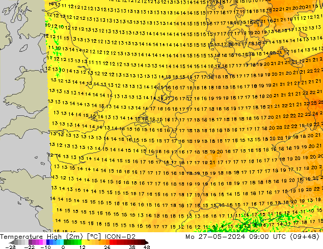 Höchstwerte (2m) ICON-D2 Mo 27.05.2024 09 UTC