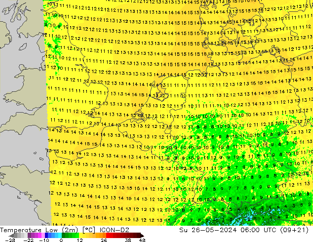 Temperature Low (2m) ICON-D2 Su 26.05.2024 06 UTC