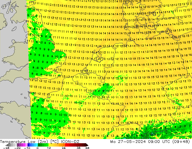 Min.temperatuur (2m) ICON-D2 ma 27.05.2024 09 UTC