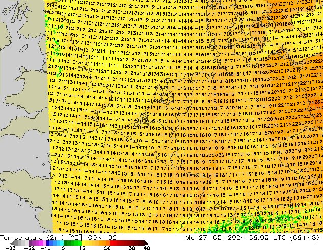 Temperatura (2m) ICON-D2 lun 27.05.2024 09 UTC