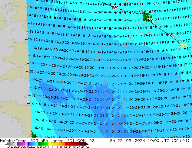 Height/Temp. 500 hPa ICON-D2 Sa 25.05.2024 10 UTC